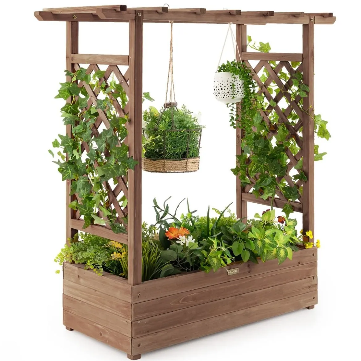 Hochbeet mit Rankgitter & Hängendem Dach Pflanzkasten Blumenkasten für Kletterpflanzen