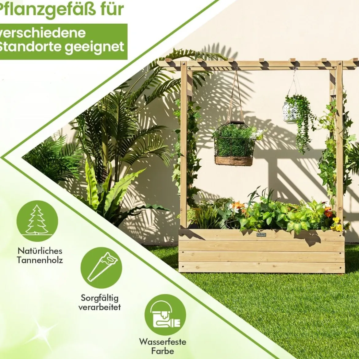 Hochbeet mit Rankgitter & Hängendem Dach Pflanzkasten Blumenkasten für Kletterpflanzen
