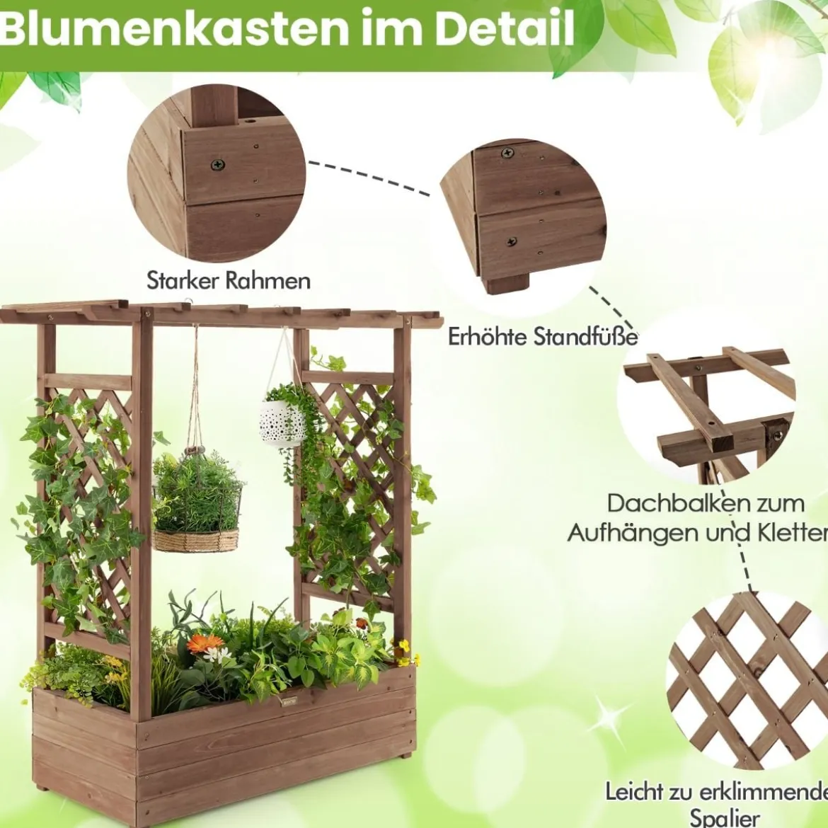 Hochbeet mit Rankgitter & Hängendem Dach Pflanzkasten Blumenkasten für Kletterpflanzen