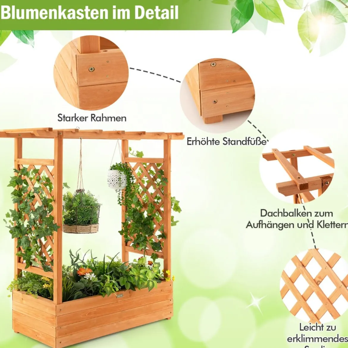 Hochbeet mit Rankgitter & Hängendem Dach Pflanzkasten Blumenkasten für Kletterpflanzen