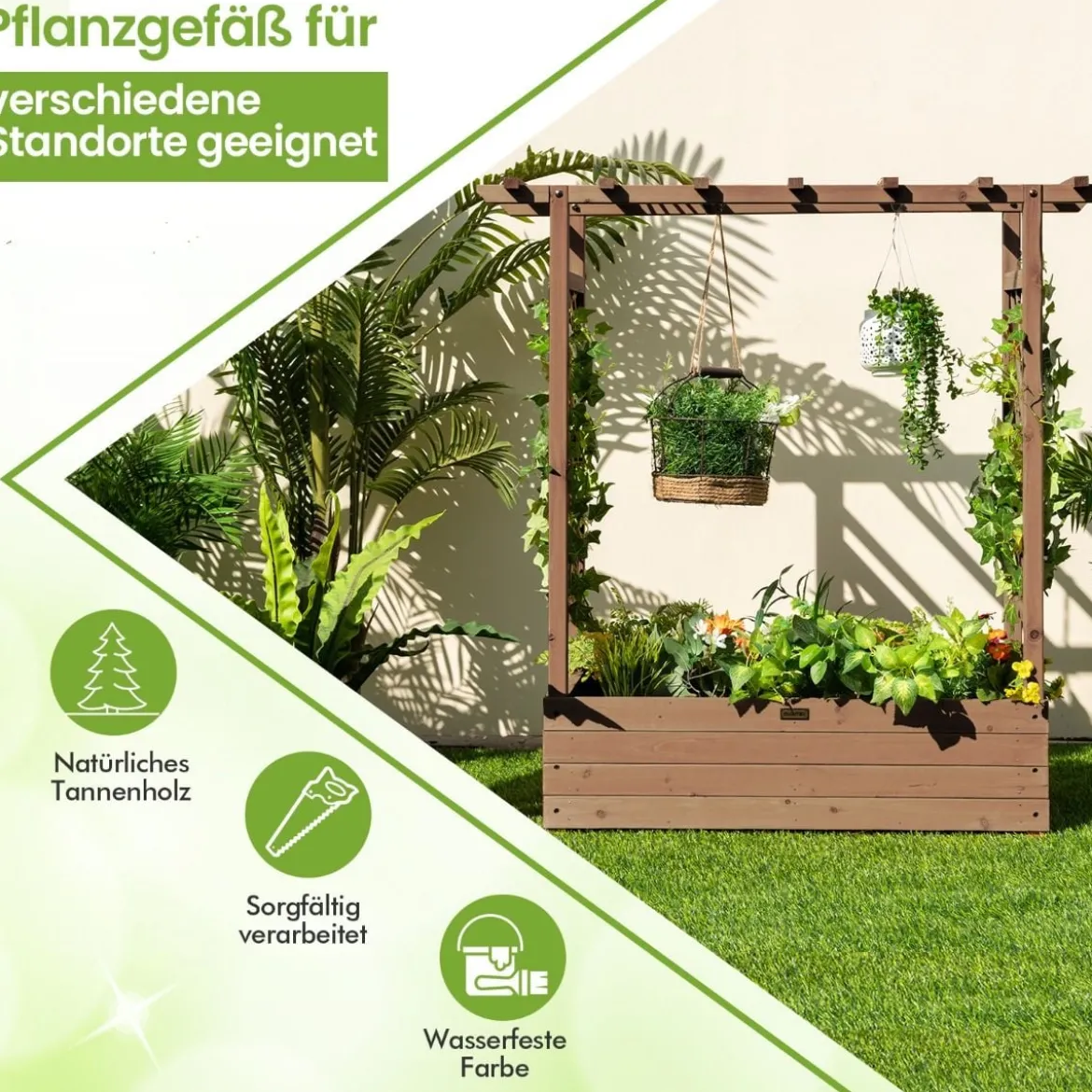 Hochbeet mit Rankgitter & Hängendem Dach Pflanzkasten Blumenkasten für Kletterpflanzen