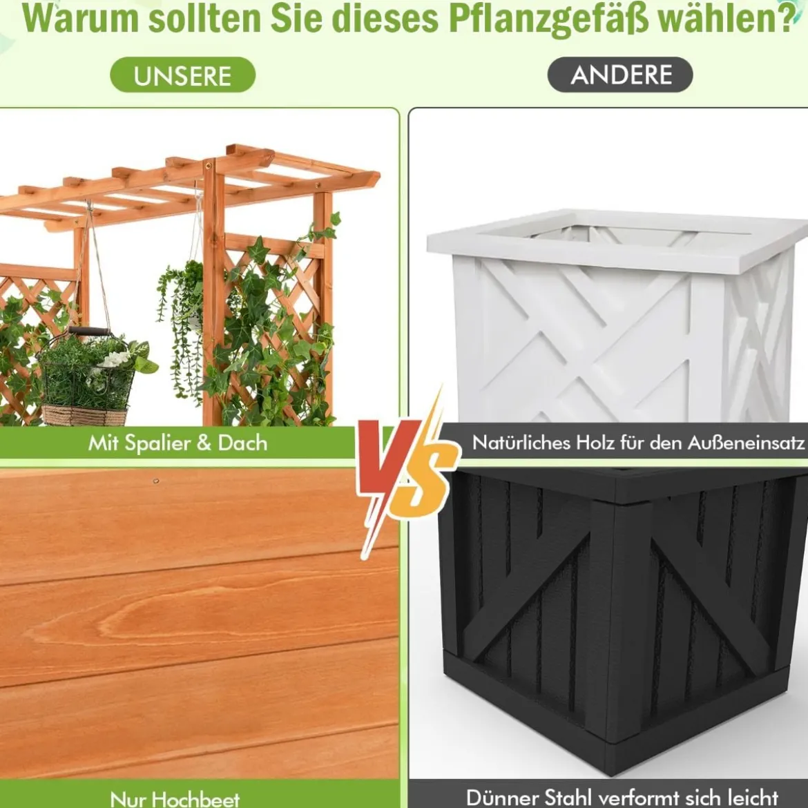 Hochbeet mit Rankgitter & Hängendem Dach Pflanzkasten Blumenkasten für Kletterpflanzen