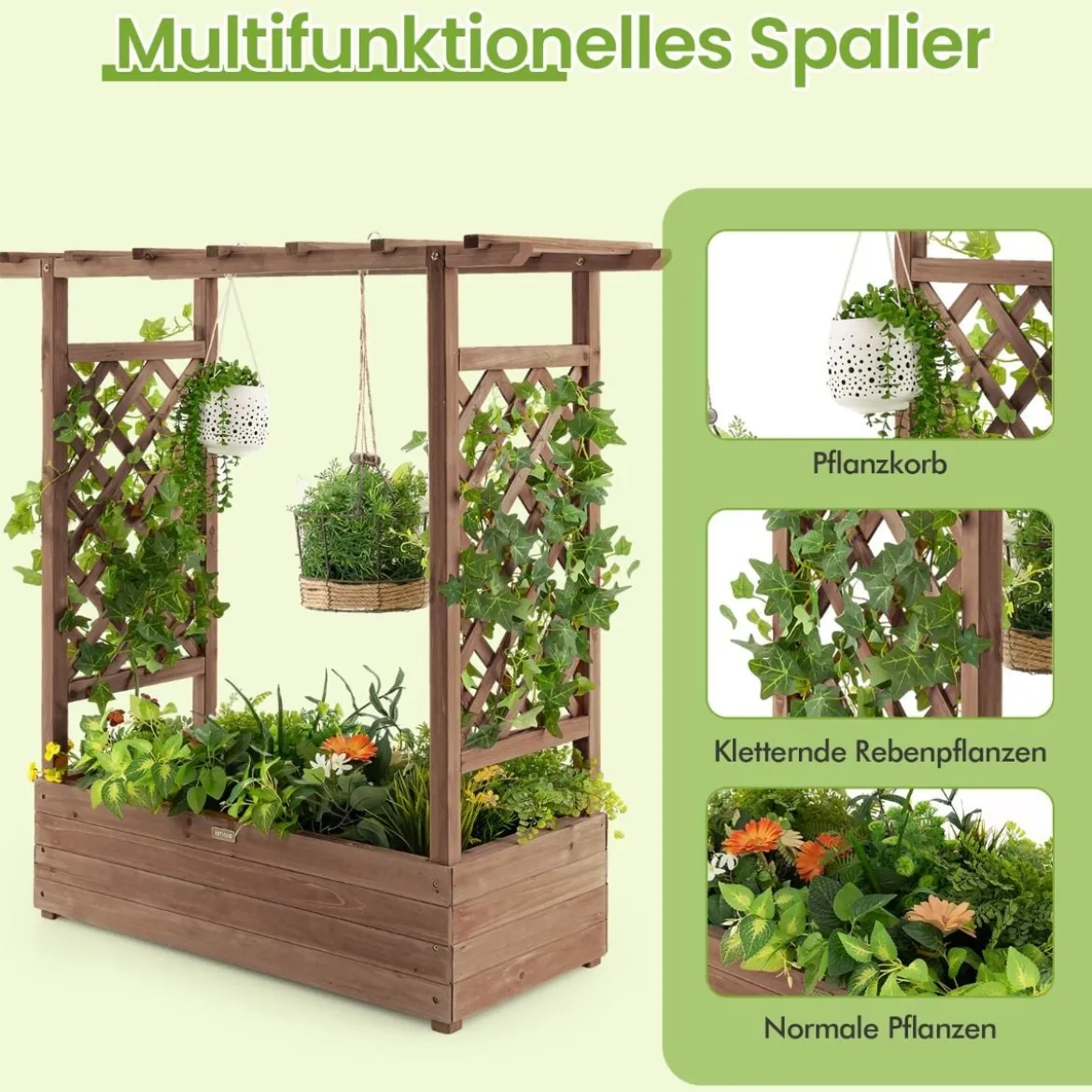 Hochbeet mit Rankgitter & Hängendem Dach Pflanzkasten Blumenkasten für Kletterpflanzen