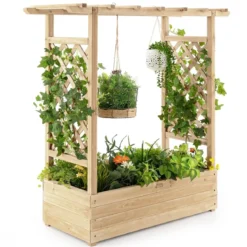 Hochbeet mit Rankgitter & Hängendem Dach Pflanzkasten Blumenkasten für Kletterpflanzen