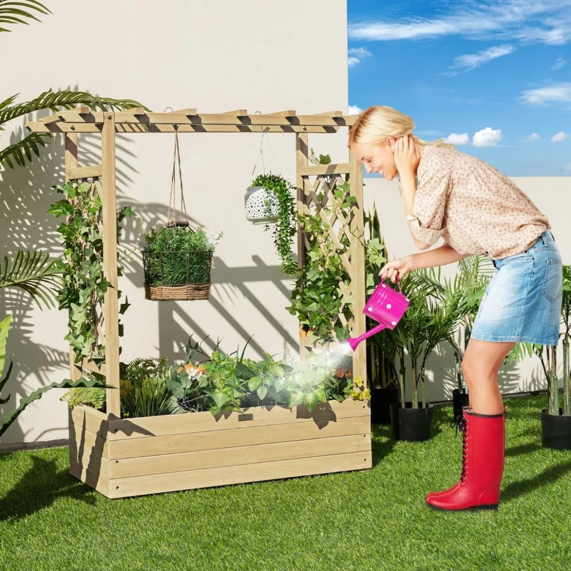 Hochbeet mit Rankgitter & Hängendem Dach Pflanzkasten Blumenkasten für Kletterpflanzen