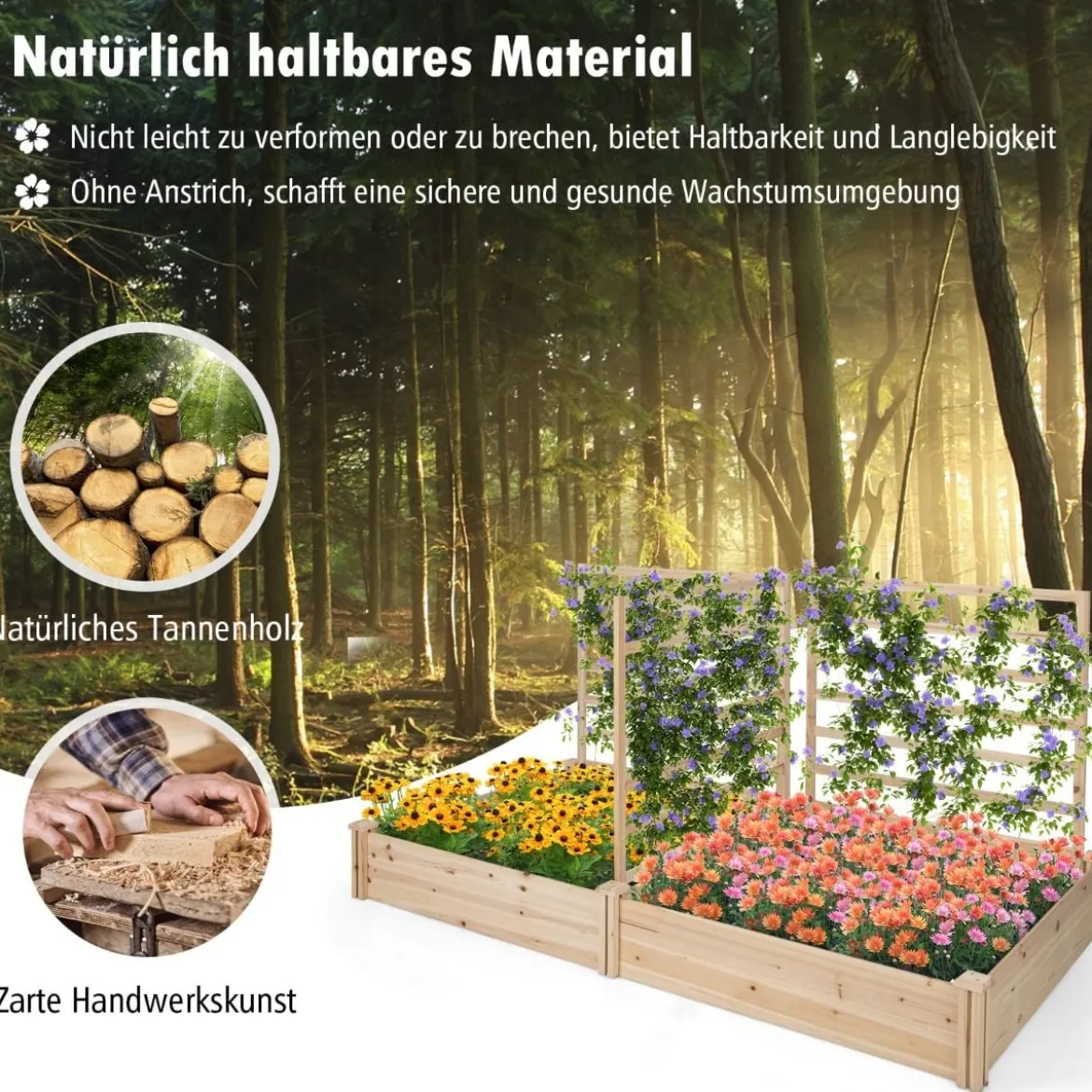Hochbeet mit Rankgitter Pflanzkasten Tannenholz Pflanzkübel mit Sichtschutz 222 x 114 x 110 cm Braun/Natur