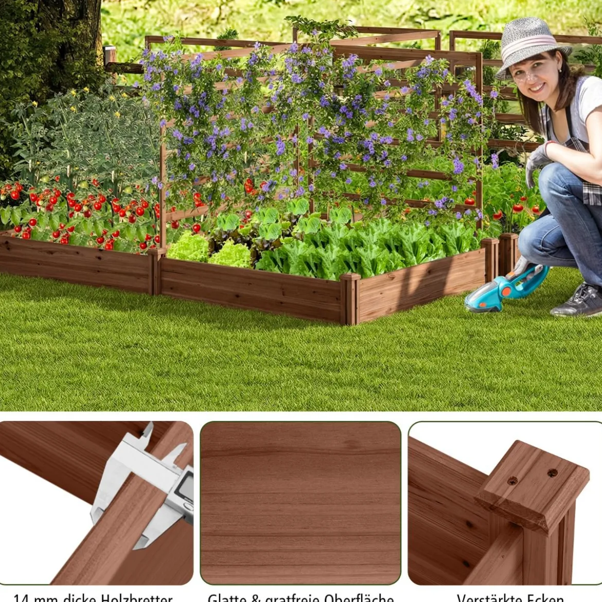 Hochbeet mit Rankgitter Pflanzkasten Tannenholz Pflanzkübel mit Sichtschutz 222 x 114 x 110 cm Braun/Natur