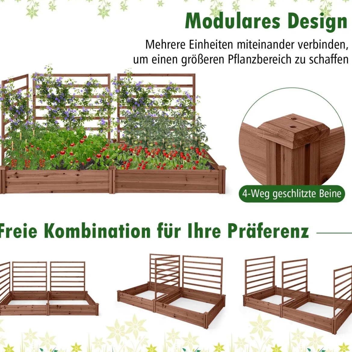 Hochbeet mit Rankgitter Pflanzkasten Tannenholz Pflanzkübel mit Sichtschutz 222 x 114 x 110 cm Braun/Natur