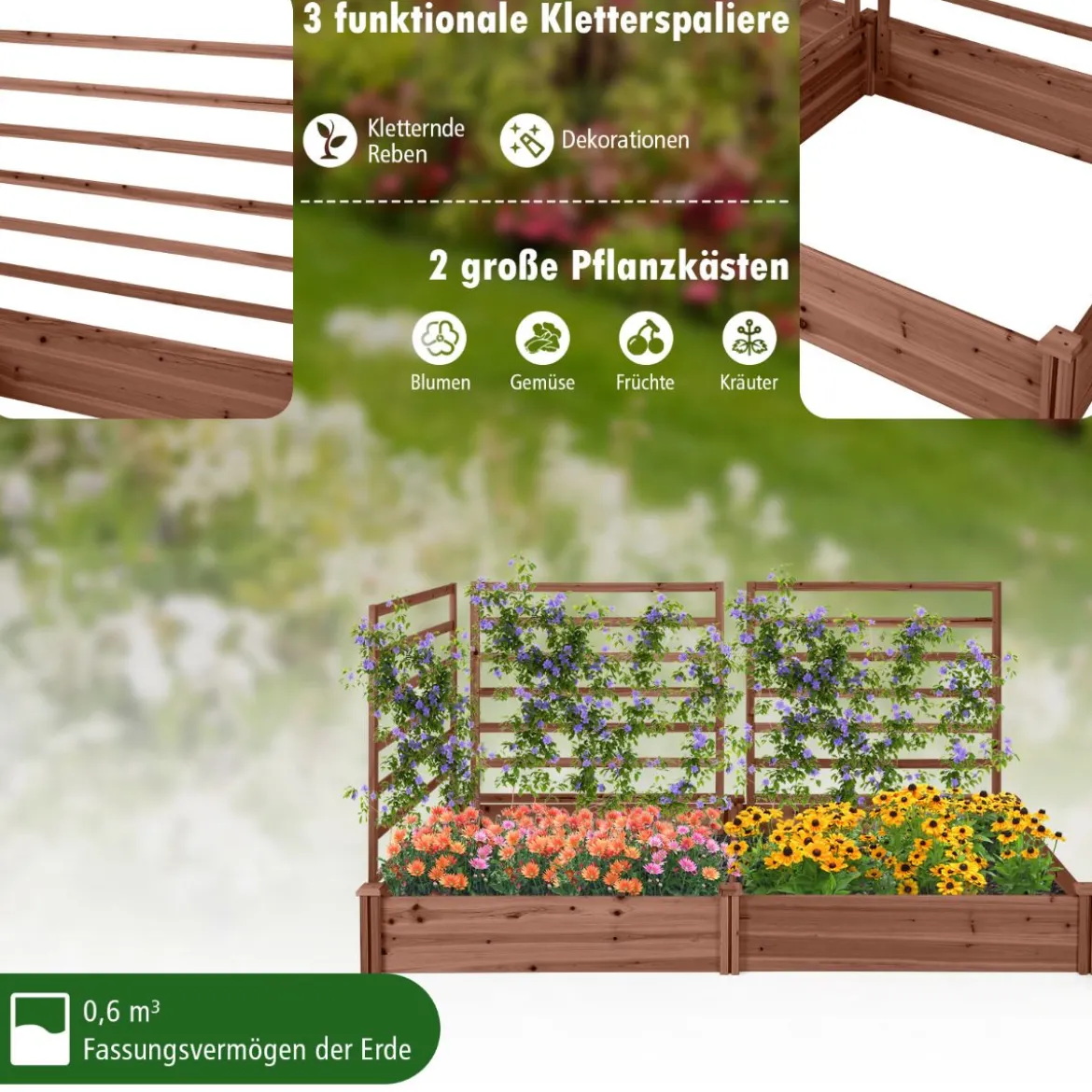 Hochbeet mit Rankgitter Pflanzkasten Tannenholz Pflanzkübel mit Sichtschutz 222 x 114 x 110 cm Braun/Natur