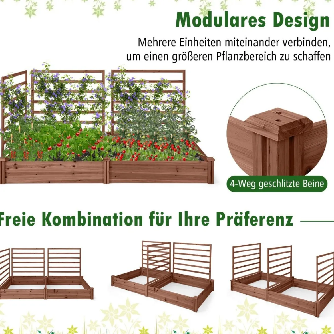 Hochbeet mit Rankgitter Pflanzkasten Tannenholz Pflanzkübel mit Sichtschutz 222 x 114 x 110 cm Braun/Natur