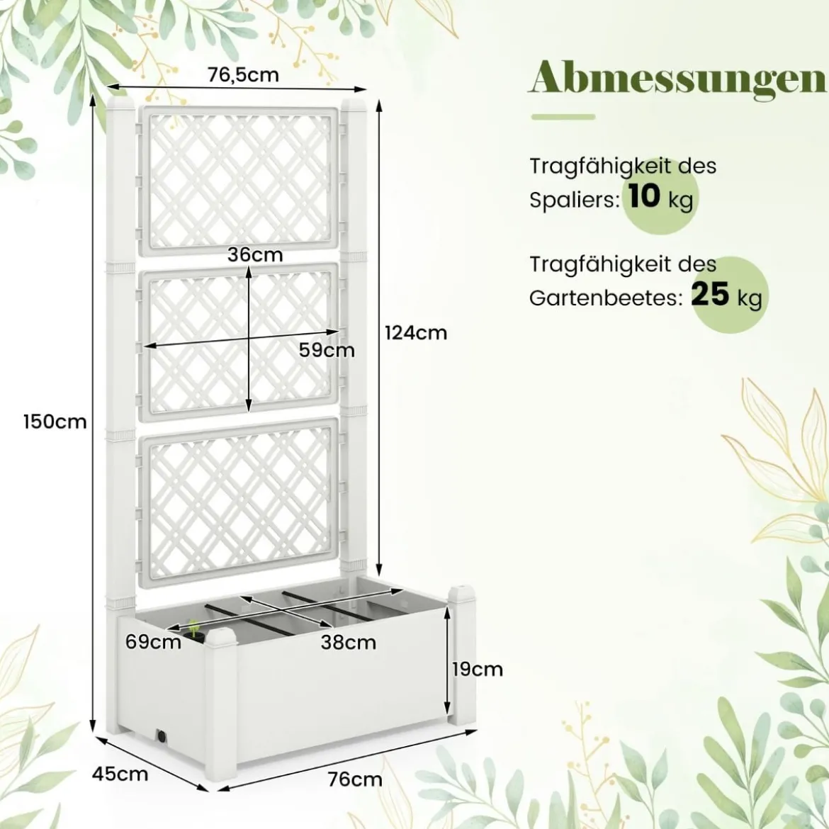 Hochbeet mit Rankgitter 3-stufig höhenverstellbar Blumenkasten mit Spalier 76 x 45 x 150 cm Weiß