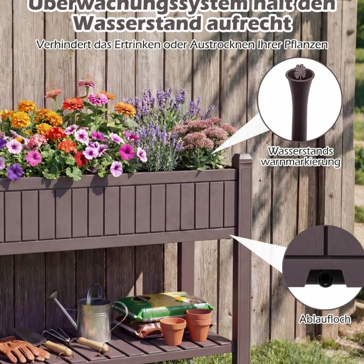 Hochbeet mit Rollen erhöhtes teilbares Gemüsebeet mit Wasserstandsanzeiger Braun