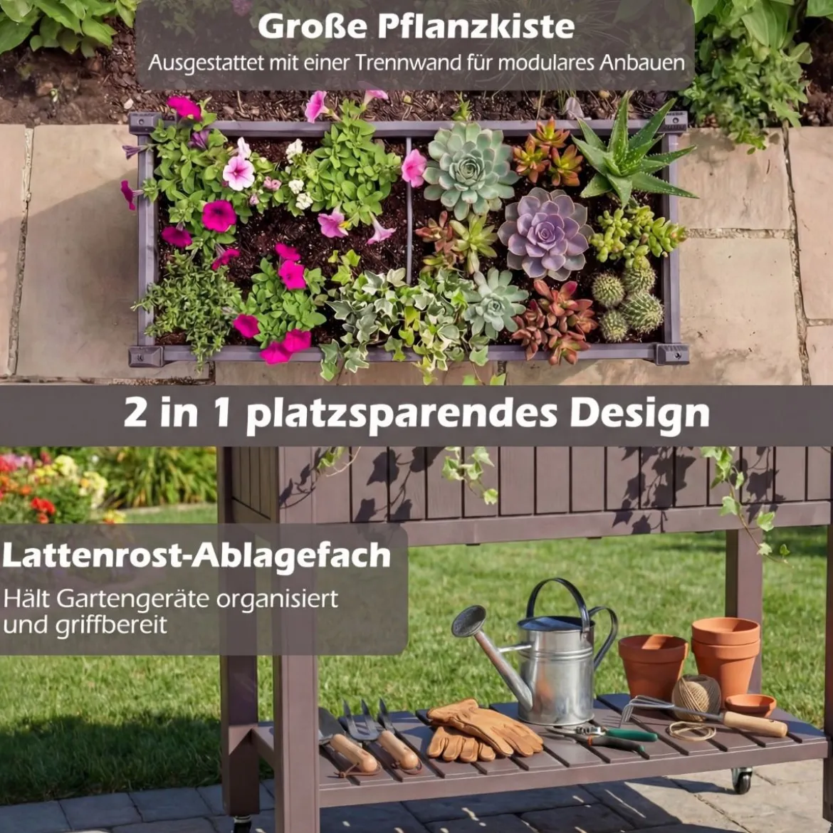 Hochbeet mit Rollen erhöhtes teilbares Gemüsebeet mit Wasserstandsanzeiger Braun