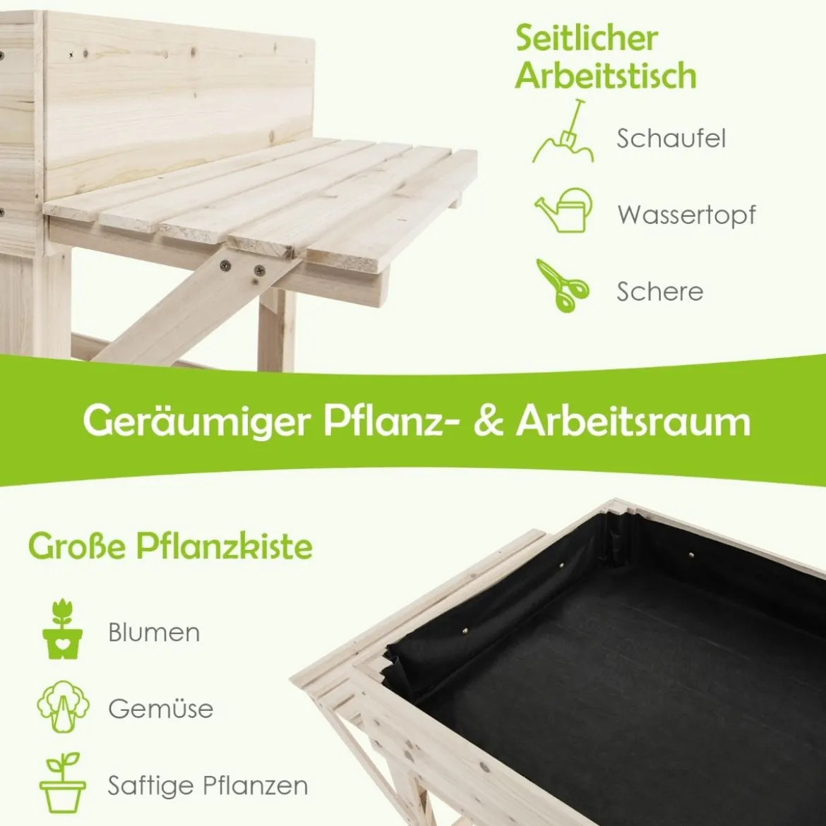 Hochbeet mit 2 Seitenablage Pflanzkübel Holz Pflanzkasten Blumenbeet Kräuterbeet Pflanztrog Natur