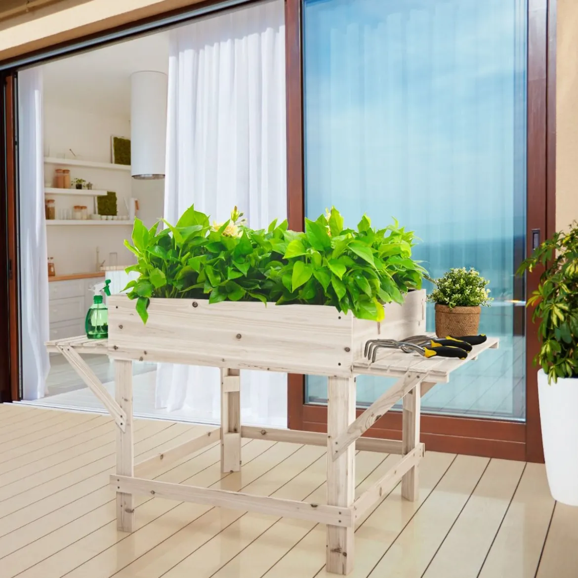 Hochbeet mit 2 Seitenablage Pflanzkübel Holz Pflanzkasten Blumenbeet Kräuterbeet Pflanztrog Natur