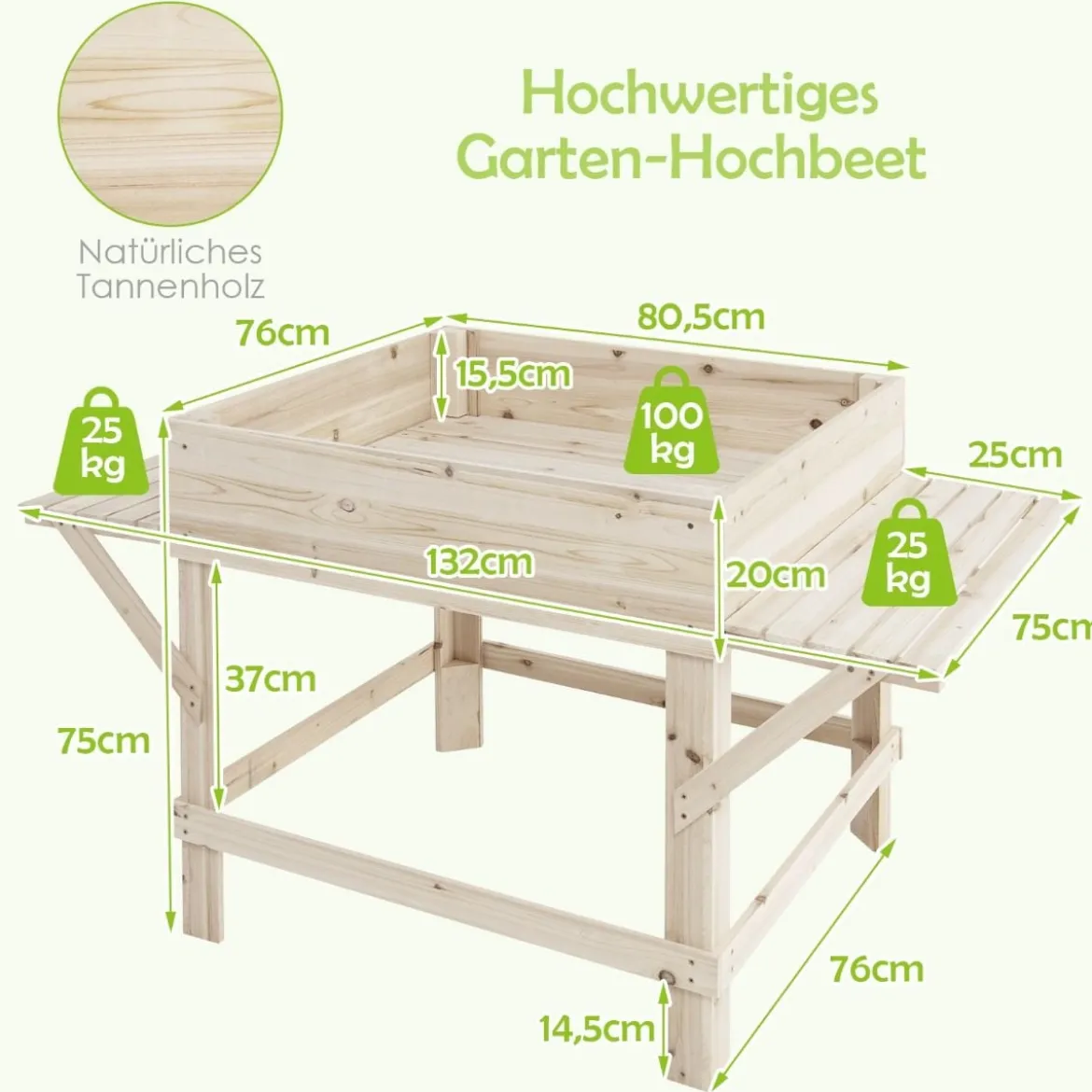 Hochbeet mit 2 Seitenablage Pflanzkübel Holz Pflanzkasten Blumenbeet Kräuterbeet Pflanztrog Natur