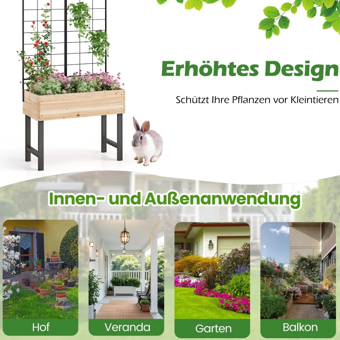 Hochbeet mit Spalier Blumenbeet mit Ablauflöchern Gartenbeet Pflanzkasten Holz 79 x 35 x 108 cm