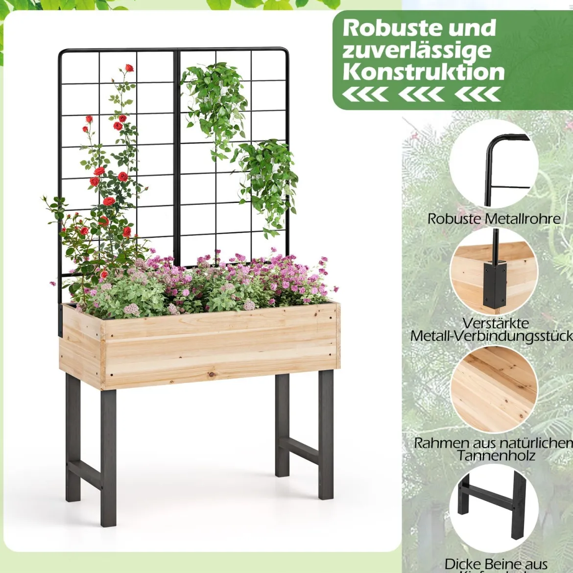 Hochbeet mit Spalier Blumenbeet mit Ablauflöchern Gartenbeet Pflanzkasten Holz 79 x 35 x 108 cm