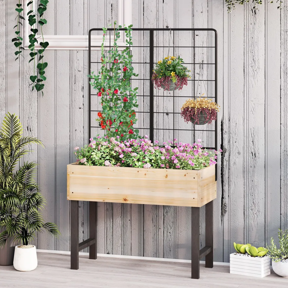 Hochbeet mit Spalier Blumenbeet mit Ablauflöchern Gartenbeet Pflanzkasten Holz 79 x 35 x 108 cm