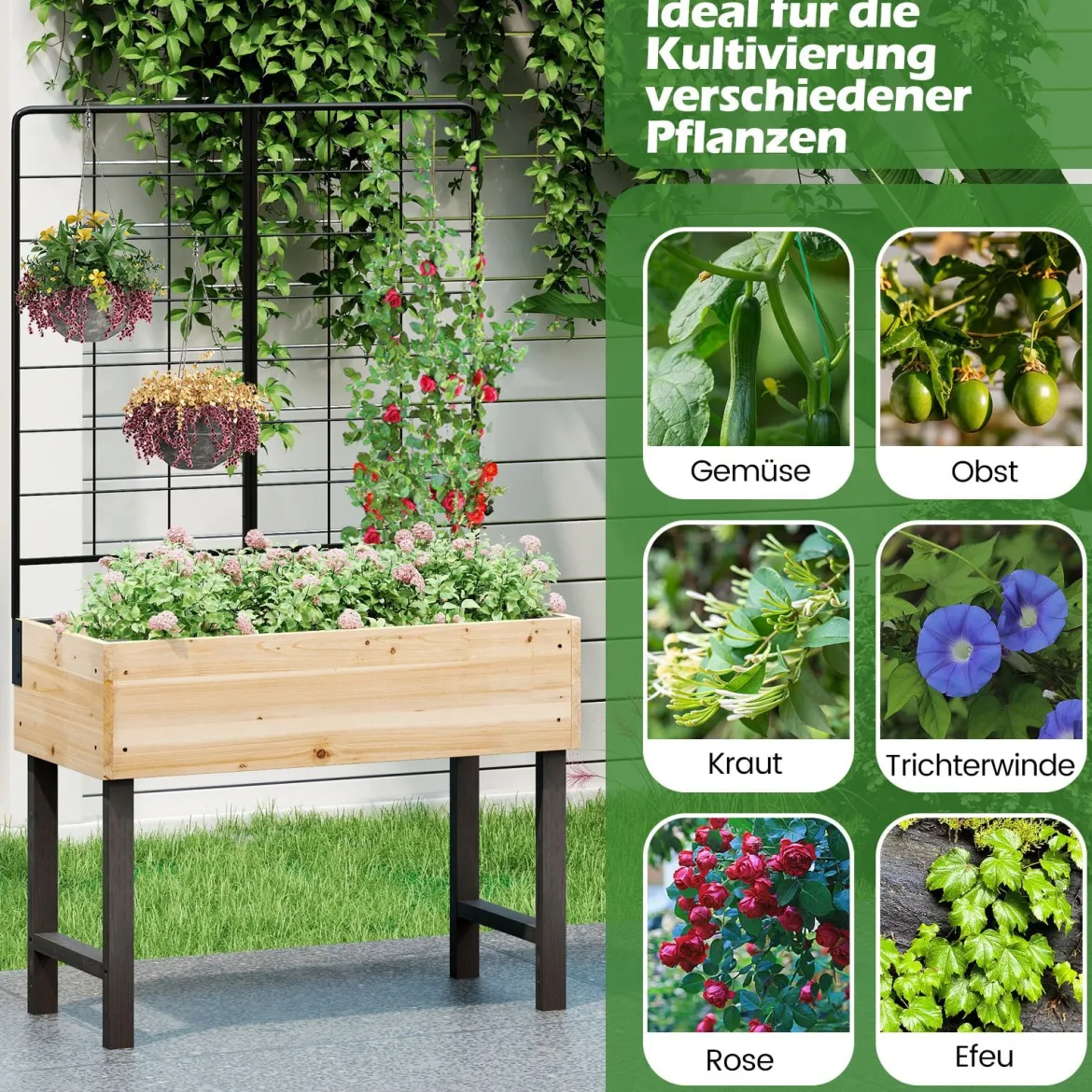 Hochbeet mit Spalier Blumenbeet mit Ablauflöchern Gartenbeet Pflanzkasten Holz 79 x 35 x 108 cm