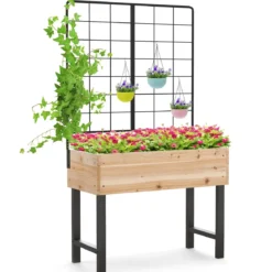 Hochbeet mit Spalier Blumenbeet mit Ablauflöchern Gartenbeet Pflanzkasten Holz 79 x 35 x 108 cm
