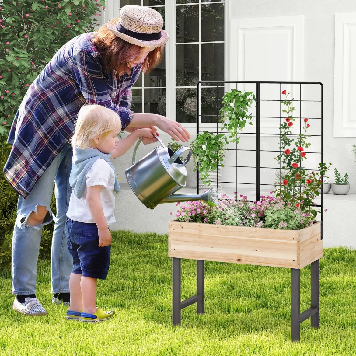 Hochbeet mit Spalier Blumenbeet mit Ablauflöchern Gartenbeet Pflanzkasten Holz 79 x 35 x 108 cm