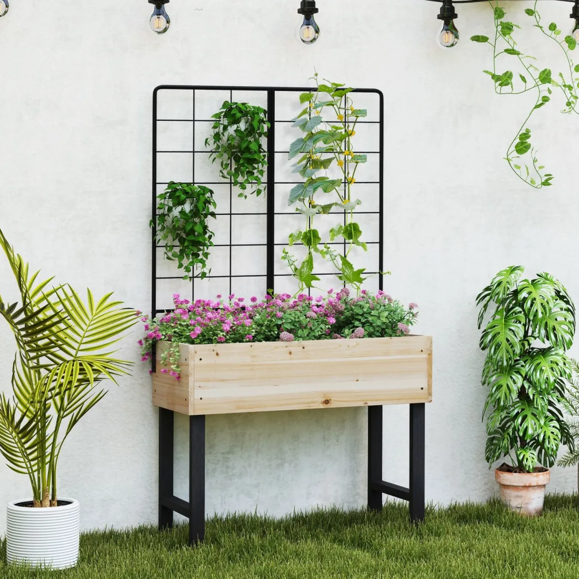 Hochbeet mit Spalier Blumenbeet mit Ablauflöchern Gartenbeet Pflanzkasten Holz 79 x 35 x 108 cm