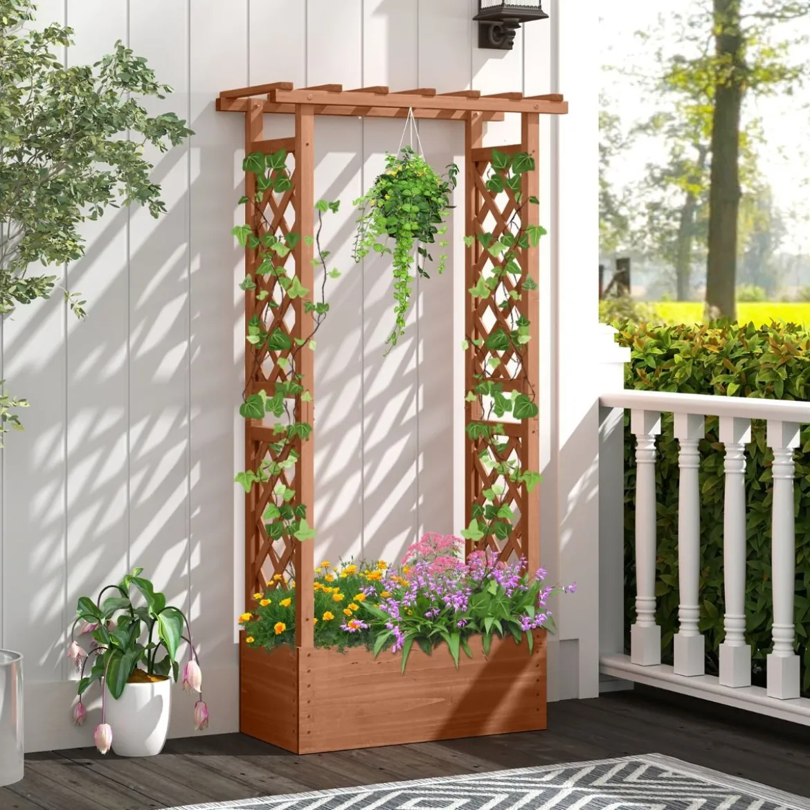 Hochbeet mit Spalier freistehender Pflanzkasten aus Holz mit Überdachung Abflusslöchern Orange