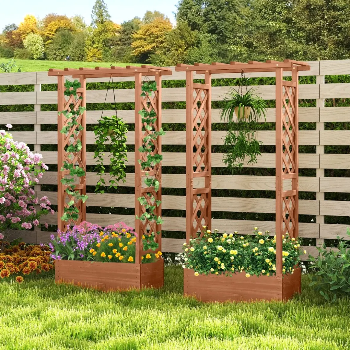 Hochbeet mit Spalier freistehender Pflanzkasten aus Holz mit Überdachung Abflusslöchern Orange