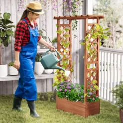 Hochbeet mit Spalier freistehender Pflanzkasten aus Holz mit Überdachung Abflusslöchern Orange