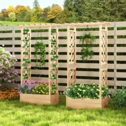Hochbeet mit Spalier freistehender Pflanzkasten aus Holz mit Überdachung Abflusslöchern Natur