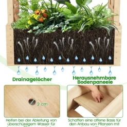 Hochbeet mit Spalier freistehender Pflanzkasten aus Holz mit Überdachung Abflusslöchern Natur