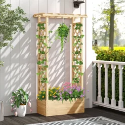 Hochbeet mit Spalier freistehender Pflanzkasten aus Holz mit Überdachung Abflusslöchern Natur