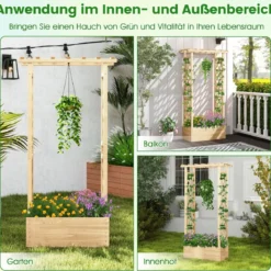 Hochbeet mit Spalier freistehender Pflanzkasten aus Holz mit Überdachung Abflusslöchern Natur