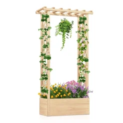 Hochbeet mit Spalier freistehender Pflanzkasten aus Holz mit Überdachung Abflusslöchern Natur