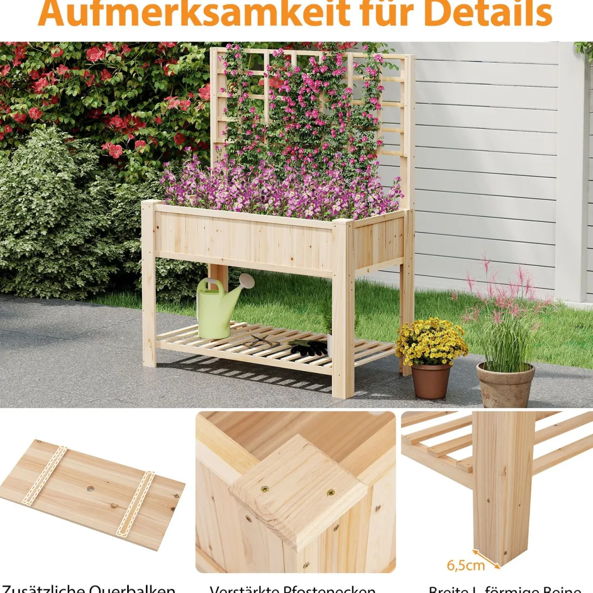 Hochbeet mit Spalier und Ablage Blumenbeet mit Ablauflöchern Gartenbeet Pflanzkasten Holz Blumenkasten 116 x 59 x 150 cm Natur