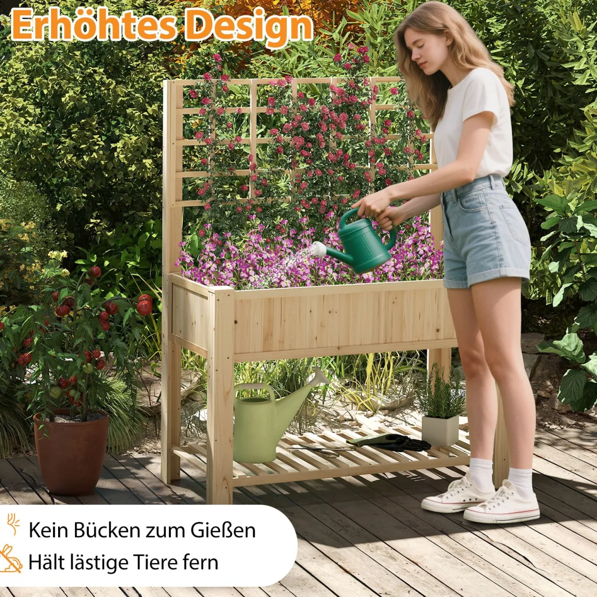 Hochbeet mit Spalier und Ablage Blumenbeet mit Ablauflöchern Gartenbeet Pflanzkasten Holz Blumenkasten 116 x 59 x 150 cm Natur