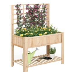 Hochbeet mit Spalier und Ablage Blumenbeet mit Ablauflöchern Gartenbeet Pflanzkasten Holz Blumenkasten 116 x 59 x 150 cm Natur