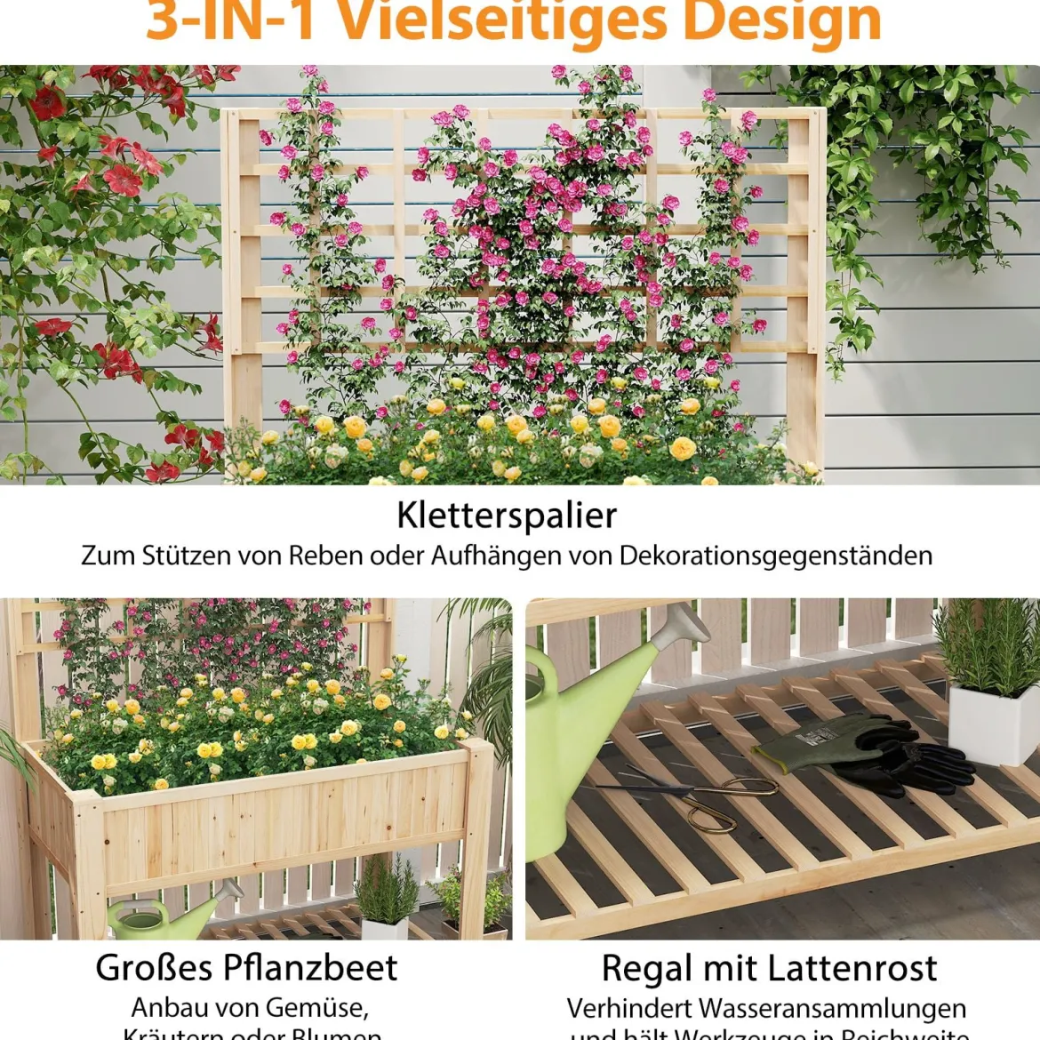 Hochbeet mit Spalier und Ablage Blumenbeet mit Ablauflöchern Gartenbeet Pflanzkasten Holz Blumenkasten 116 x 59 x 150 cm Natur