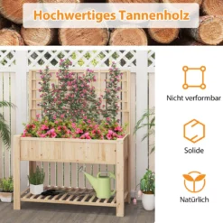 Hochbeet mit Spalier und Ablage Blumenbeet mit Ablauflöchern Gartenbeet Pflanzkasten Holz Blumenkasten 116 x 59 x 150 cm Natur
