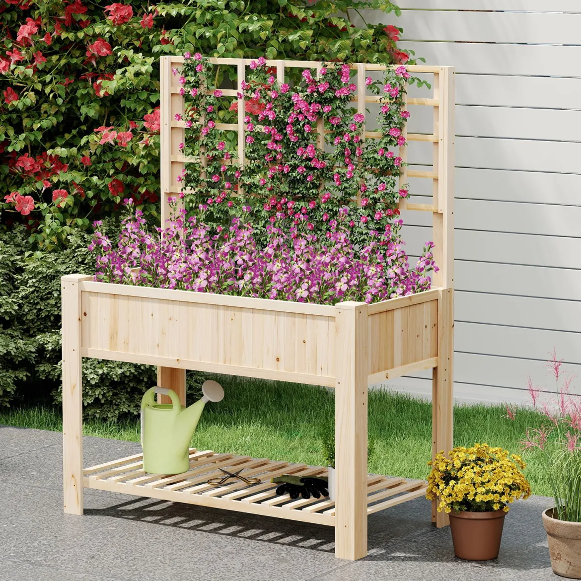 Hochbeet mit Spalier und Ablage Blumenbeet mit Ablauflöchern Gartenbeet Pflanzkasten Holz Blumenkasten 116 x 59 x 150 cm Natur