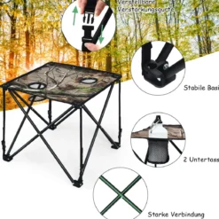 Hoch Belastbarer Tragbarer & Stahlrahmen für Draußen Campingtisch mit 2 Getränkehalter 47x47x45cm Tarnmuster