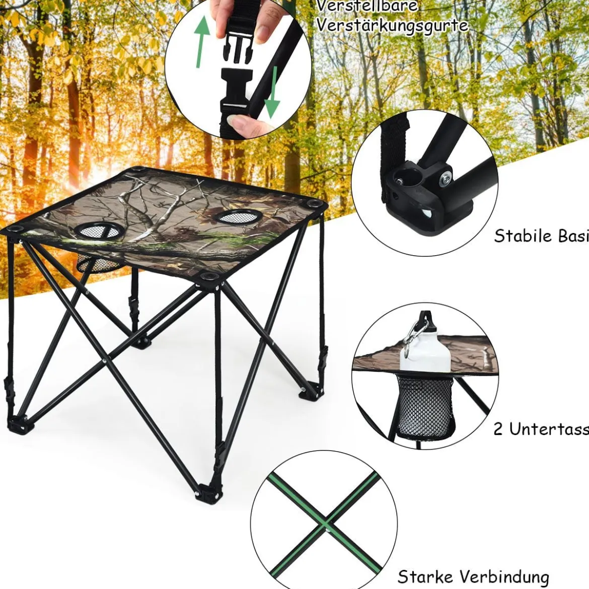 Hoch Belastbarer Tragbarer & Stahlrahmen für Draußen Campingtisch mit 2 Getränkehalter 47x47x45cm Tarnmuster