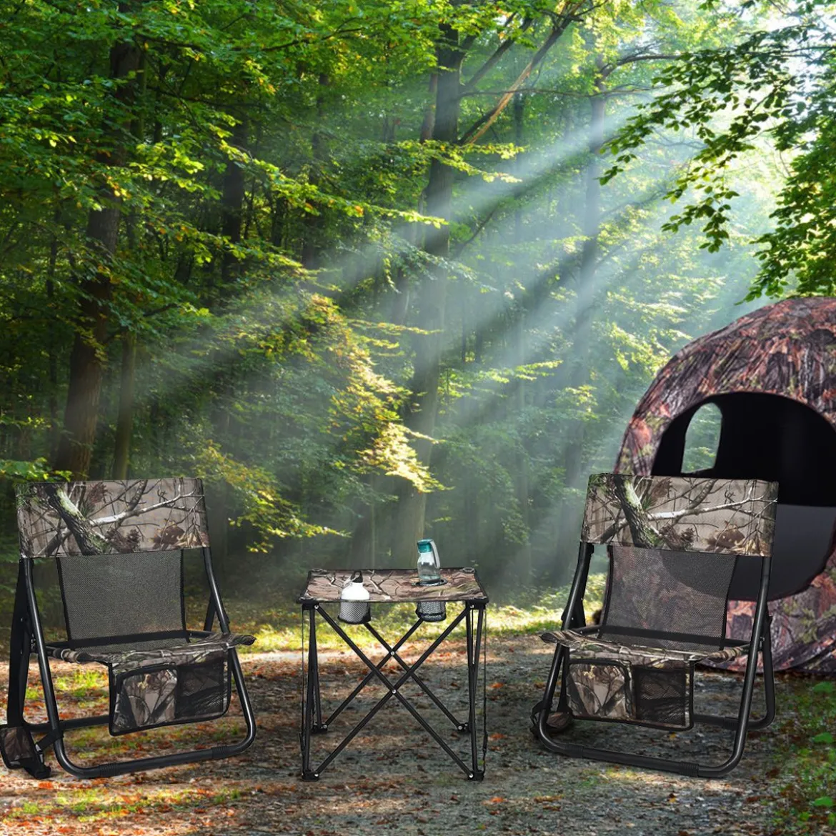 Hoch Belastbarer Tragbarer & Stahlrahmen für Draußen Campingtisch mit 2 Getränkehalter 47x47x45cm Tarnmuster