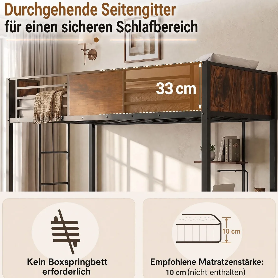 Hochbett aus Metall Etagenbett mit Schreibtisch & Offenen Regalen Jugendbett mit Sicherheitsgeländer