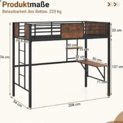 Hochbett aus Metall Etagenbett mit Schreibtisch & Offenen Regalen Jugendbett mit Sicherheitsgeländer