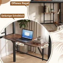 Hochbett aus Metall Etagenbett mit Schreibtisch & Offenen Regalen Jugendbett mit Sicherheitsgeländer