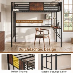 Hochbett aus Metall Etagenbett mit Schreibtisch & Offenen Regalen Jugendbett mit Sicherheitsgeländer