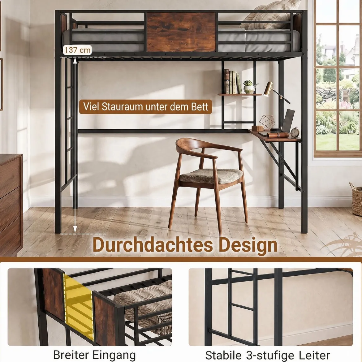 Hochbett aus Metall Etagenbett mit Schreibtisch & Offenen Regalen Jugendbett mit Sicherheitsgeländer