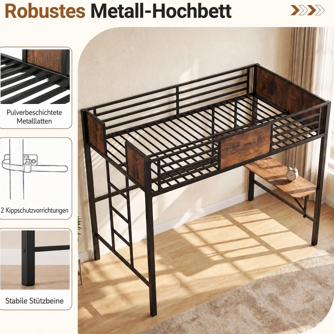 Hochbett aus Metall Etagenbett mit Schreibtisch & Offenen Regalen Jugendbett mit Sicherheitsgeländer
